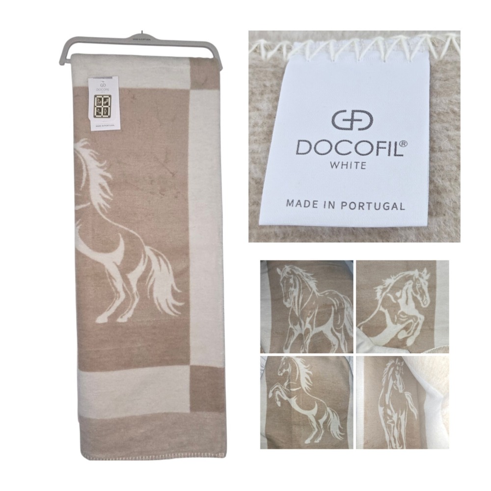 Equestrian Horse Throw Blanket 4 Poses Taupe Ivory 51x67 Cotton Blend Portugal